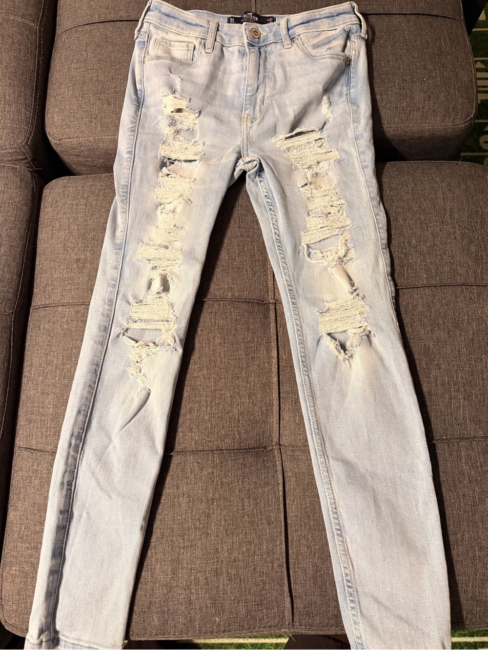 Hollister Light Blue Distressed Skinny Jeans. Philadelphia Eagles patch.